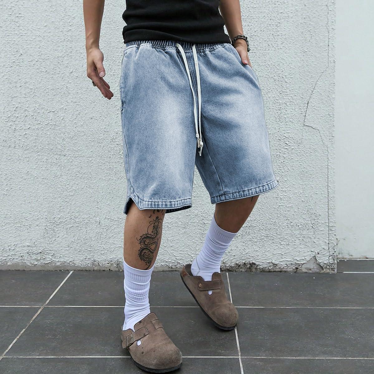 imageOYOANGLE Mens Vintage Denim Shorts Baggy Jean Shorts Elastic Drawstring Waist Baggy Jorts StreetwearBlack