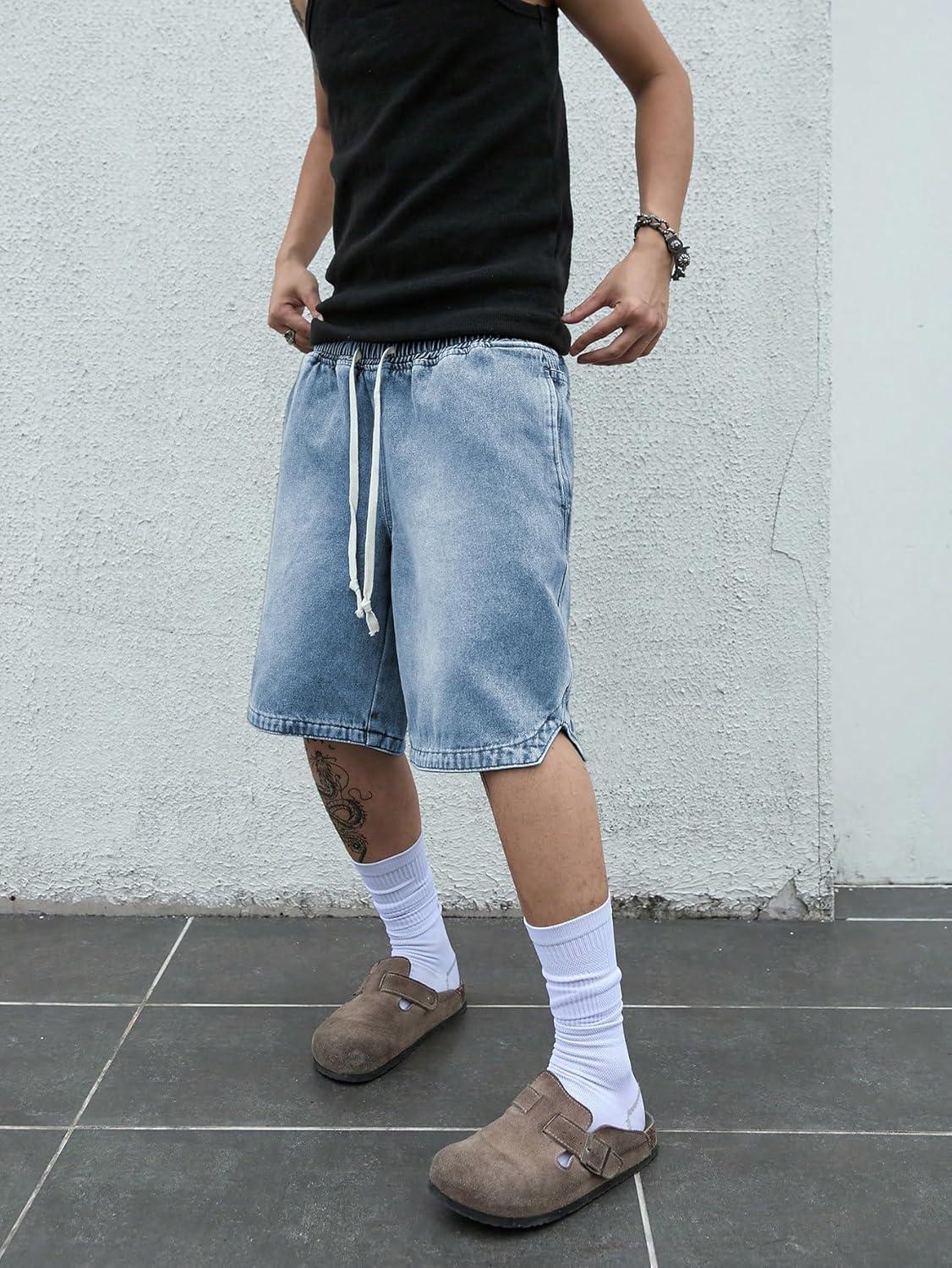 imageOYOANGLE Mens Vintage Denim Shorts Baggy Jean Shorts Elastic Drawstring Waist Baggy Jorts StreetwearBlack