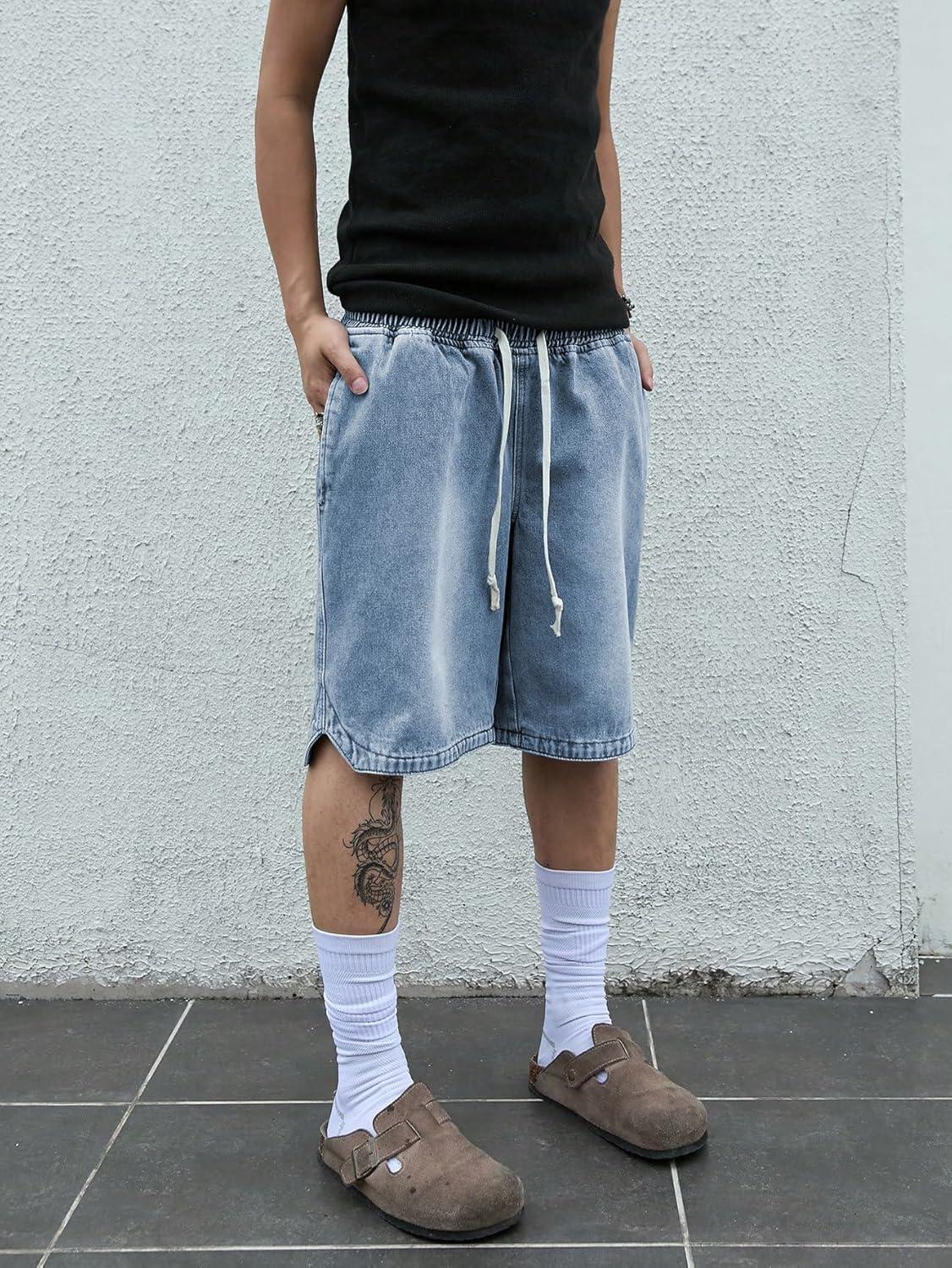 imageOYOANGLE Mens Vintage Denim Shorts Baggy Jean Shorts Elastic Drawstring Waist Baggy Jorts StreetwearBlack