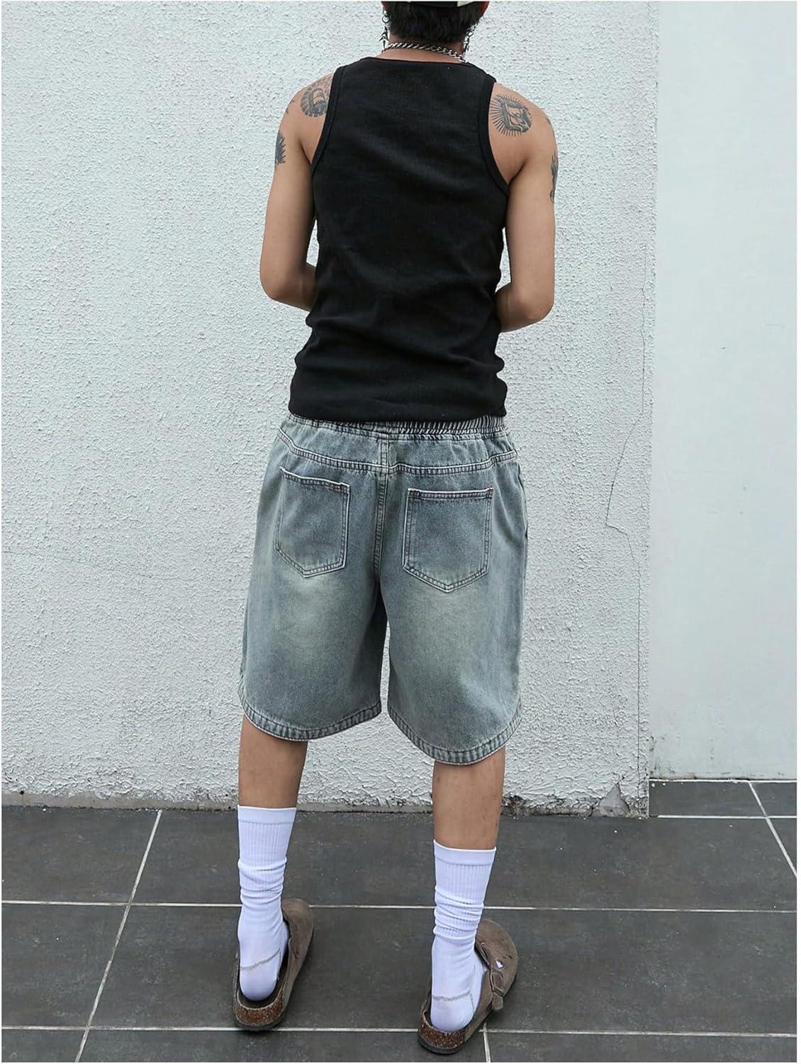 imageOYOANGLE Mens Vintage Denim Shorts Baggy Jean Shorts Elastic Drawstring Waist Baggy Jorts StreetwearBlue
