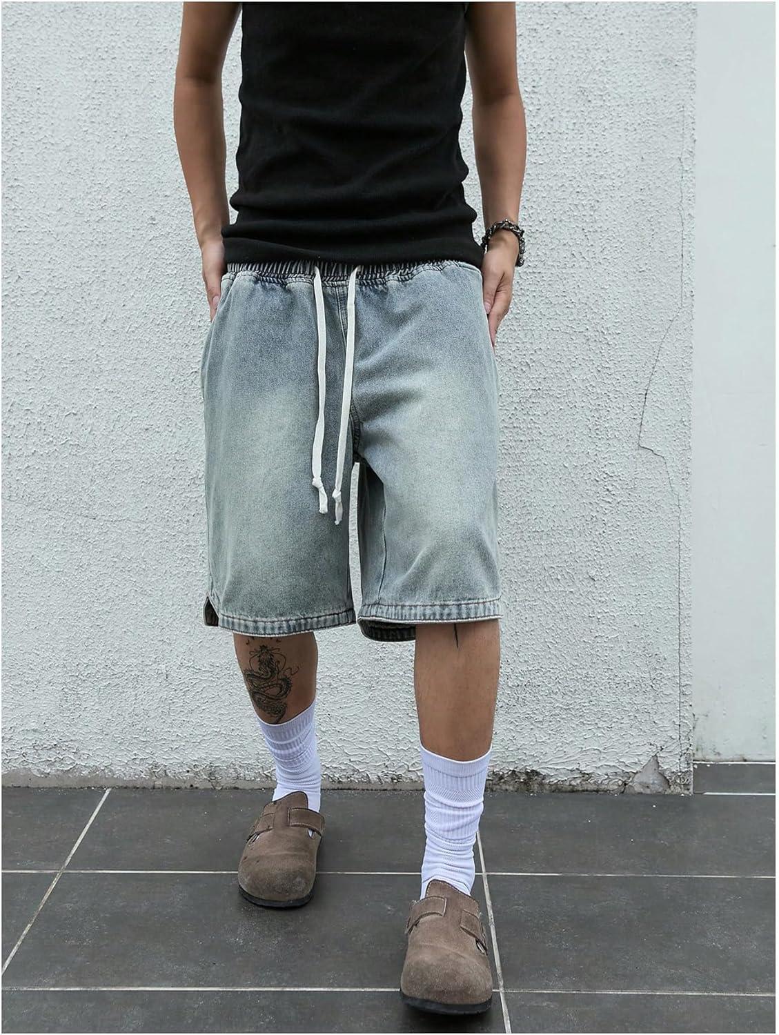 imageOYOANGLE Mens Vintage Denim Shorts Baggy Jean Shorts Elastic Drawstring Waist Baggy Jorts StreetwearBlue