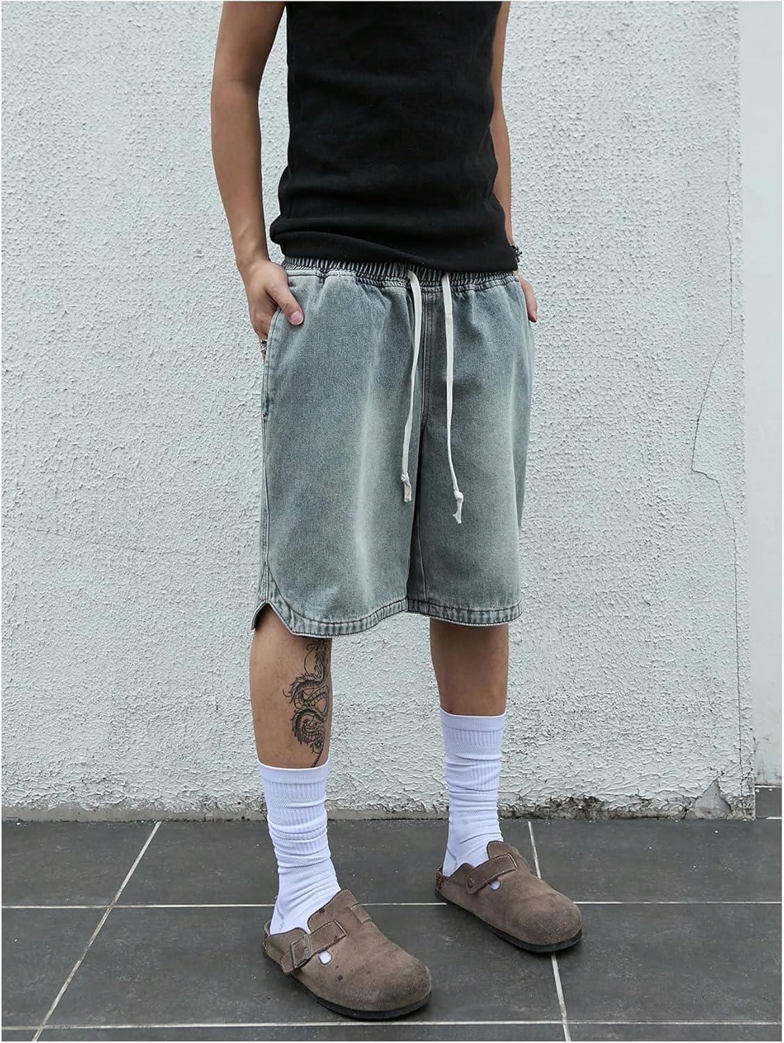 imageOYOANGLE Mens Vintage Denim Shorts Baggy Jean Shorts Elastic Drawstring Waist Baggy Jorts StreetwearBlue