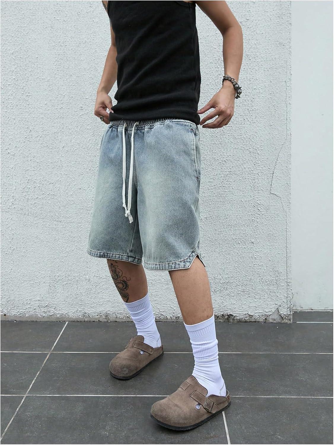 imageOYOANGLE Mens Vintage Denim Shorts Baggy Jean Shorts Elastic Drawstring Waist Baggy Jorts StreetwearBlue