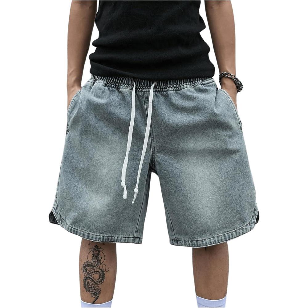 imageOYOANGLE Mens Vintage Denim Shorts Baggy Jean Shorts Elastic Drawstring Waist Baggy Jorts StreetwearBlue