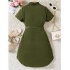 imageOYOANGLE Girls Button Down Collared Dress Short Sleeve A Line Casual Belted DressesGreen