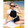 imageOYOANGLE Girls Colorblock Zipper Front Cut Out Waist Sports Athletic One Piece Swimsuit SwimwearBlack White