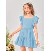 imageOYOANGLE Girls Cute Square Neck Sleeveless Bow Back Ruffle Trim A Line Mini Short DressBlue Solid