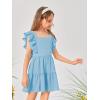imageOYOANGLE Girls Cute Square Neck Sleeveless Bow Back Ruffle Trim A Line Mini Short DressBlue Solid