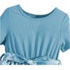 imageOYOANGLE Girls Summer Casual Dress Short Sleeve Bow Belted ALine High Waist Smocked Short DressLight Blue
