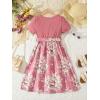 imageOYOANGLE Girls Summer Casual Dress Short Sleeve Bow Belted ALine High Waist Smocked Short DressPink Floral