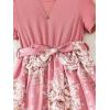 imageOYOANGLE Girls Summer Casual Dress Short Sleeve Bow Belted ALine High Waist Smocked Short DressPink Floral