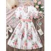 imageOYOANGLE Girls Summer Casual Dress Short Sleeve Bow Belted ALine High Waist Smocked Short DressWhite Floral