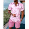 imageOYOANGLE Mens 2 Piece Outfits Striped Short Sleeve Button Down Shirt and Drawstring Shorts SetWhite and Pink