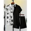 imageOYOANGLE Mens 2 Piece Vacation Outfits Tropical Hawaiian Button Down Shirt and Shorts SetBlack and White