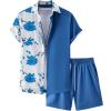 imageOYOANGLE Mens 2 Piece Vacation Outfits Tropical Hawaiian Button Down Shirt and Shorts SetBlue White