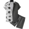 imageOYOANGLE Mens 2 Piece Vacation Outfits Tropical Hawaiian Button Down Shirt and Shorts SetDark Grey