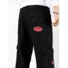imageOYOANGLE Mens Cargo Jeans Embroidered Flap Pocket Straight Leg Denim Cargo PantsBlack