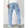 imageOYOANGLE Mens Cargo Jeans Embroidered Flap Pocket Straight Leg Denim Cargo PantsLight Wash