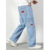imageOYOANGLE Mens Cargo Jeans Embroidered Flap Pocket Straight Leg Denim Cargo PantsLight Wash