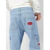 imageOYOANGLE Mens Cargo Jeans Embroidered Flap Pocket Straight Leg Denim Cargo PantsLight Wash