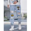 imageOYOANGLE Mens Cargo Joggers Pants Letter Patched Ripped Jeans Elastic Drawstring Waist Distressed Denim PantsLight Wash