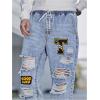 imageOYOANGLE Mens Cargo Joggers Pants Letter Patched Ripped Jeans Elastic Drawstring Waist Distressed Denim PantsLight Wash