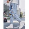 imageOYOANGLE Mens Cargo Joggers Pants Letter Patched Ripped Jeans Elastic Drawstring Waist Distressed Denim PantsLight Wash