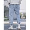 imageOYOANGLE Mens Cargo Joggers Pants Letter Patched Ripped Jeans Elastic Drawstring Waist Distressed Denim PantsLight Wash