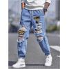 imageOYOANGLE Mens Cargo Joggers Pants Letter Patched Ripped Jeans Elastic Drawstring Waist Distressed Denim PantsMedium Wash