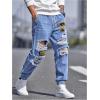 imageOYOANGLE Mens Cargo Joggers Pants Letter Patched Ripped Jeans Elastic Drawstring Waist Distressed Denim PantsMedium Wash
