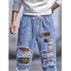 imageOYOANGLE Mens Cargo Joggers Pants Letter Patched Ripped Jeans Elastic Drawstring Waist Distressed Denim PantsMedium Wash