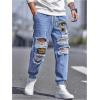 imageOYOANGLE Mens Cargo Joggers Pants Letter Patched Ripped Jeans Elastic Drawstring Waist Distressed Denim PantsMedium Wash