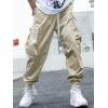 imageOYOANGLE Mens Casual Drawstring Elastic Waist Flap Pocket Letter Graphic Street Jogger Cargo PantsBeige
