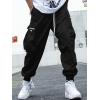 imageOYOANGLE Mens Casual Drawstring Elastic Waist Flap Pocket Letter Graphic Street Jogger Cargo PantsBlack Solid