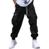 imageOYOANGLE Mens Casual Drawstring Elastic Waist Flap Pocket Letter Graphic Street Jogger Cargo PantsDark Black