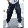 imageOYOANGLE Mens Casual Drawstring Elastic Waist Flap Pocket Letter Graphic Street Jogger Cargo PantsDark Blue