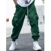 imageOYOANGLE Mens Casual Drawstring Elastic Waist Flap Pocket Letter Graphic Street Jogger Cargo PantsDark Green