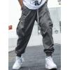 imageOYOANGLE Mens Casual Drawstring Elastic Waist Flap Pocket Letter Graphic Street Jogger Cargo PantsDark Grey