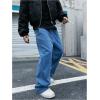 imageOYOANGLE Mens Drawstring Elastic Waist Wide Leg Cargo Jeans Baggy Casual Denim Pants with PocketsBlue