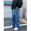 imageOYOANGLE Mens Drawstring Elastic Waist Wide Leg Cargo Jeans Baggy Casual Denim Pants with PocketsBlue