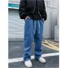 imageOYOANGLE Mens Drawstring Elastic Waist Wide Leg Cargo Jeans Baggy Casual Denim Pants with PocketsBlue