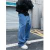 imageOYOANGLE Mens Drawstring Elastic Waist Wide Leg Cargo Jeans Baggy Casual Denim Pants with PocketsBlue