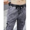 imageOYOANGLE Mens Drawstring Waist Flap Pocket Jogger Cargo Pants Carrot Denim Jeans with PocketGrey