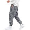 imageOYOANGLE Mens Drawstring Waist Flap Pocket Jogger Cargo Pants Carrot Denim Jeans with PocketGrey Solid