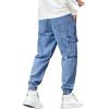 imageOYOANGLE Mens Drawstring Waist Flap Pocket Jogger Cargo Pants Carrot Denim Jeans with PocketLight Wash Letter