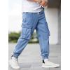 imageOYOANGLE Mens Drawstring Waist Flap Pocket Jogger Cargo Pants Carrot Denim Jeans with PocketLight Wash Letter