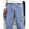 imageOYOANGLE Mens Drawstring Waist Flap Pocket Jogger Cargo Pants Carrot Denim Jeans with PocketMedium Blue