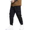 imageOYOANGLE Mens Drawstring Waist Flap Pocket Jogger Cargo Pants Carrot Denim Jeans with PocketSolid Black