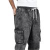 imageOYOANGLE Mens Drawstring Waist Flap Pocket Jogger Cargo Pants Carrot Denim Jeans with PocketSolid Dark Grey