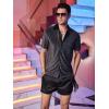 imageOYOANGLE Mens Fashion Button Down Lapel V Neck Short Sleeve Glitter Blouse TopsBlack Plain